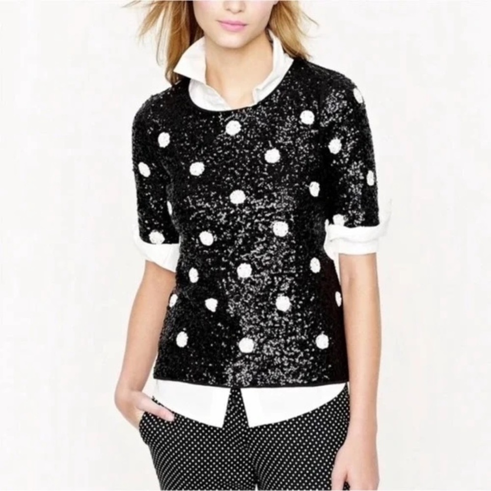 J. Crew black white sequins polka dot short sleeve top. SZ. XXS. EUC
